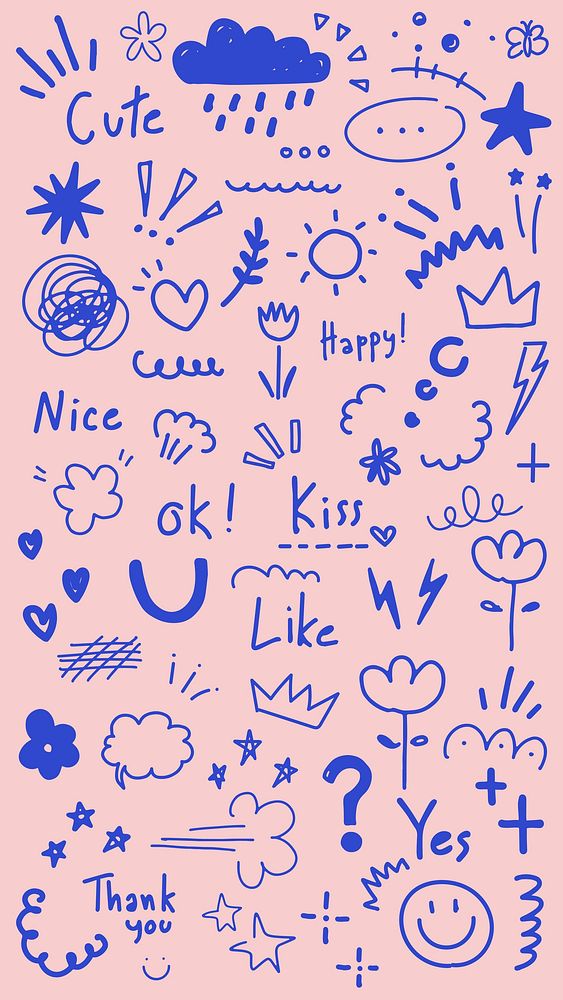 Playful doodles with hearts, stars, and flowers. Cute and happy sketches in blue on a pink background. Fun, whimsical, and…