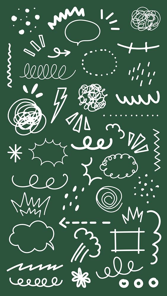 Doodle elements on green background. Various doodles include squiggles, clouds, and arrows. Doodle patterns, playful…