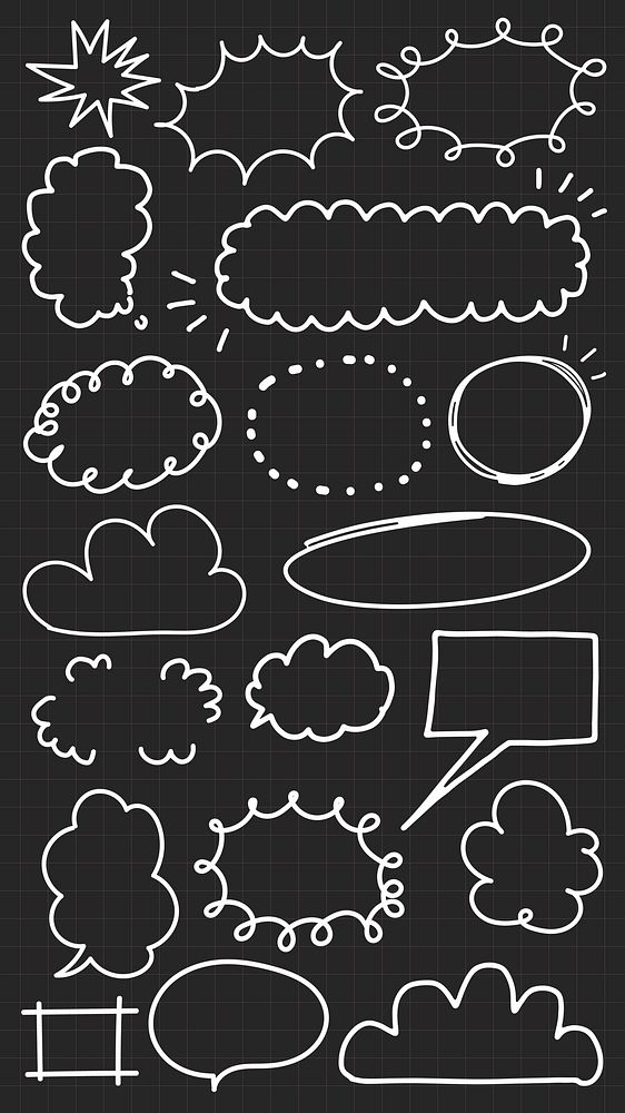 Collection of white hand-drawn speech bubbles on a black background. Various shapes and sizes of speech bubbles, perfect for…