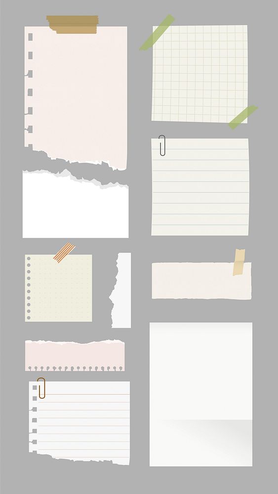 Collection of torn paper notes. Torn paper edges, taped notes, paper clips. Various paper styles, taped paper, torn paper…