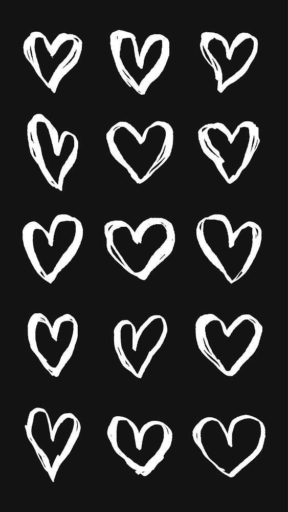 Sixteen white hand-drawn hearts on a black background. Heart pattern, heart design, heart shapes. Simple, artistic, and…