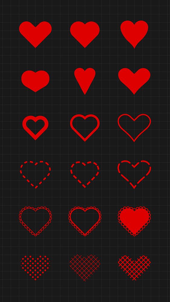 Set of red heart icons on a black grid background. Various heart shapes and styles. Heart designs include solid, outlined…