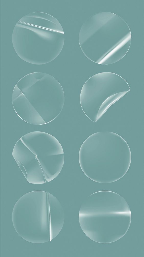 Set of eight transparent glass spheres on a teal background. Glass spheres with reflections. Circular glass shapes with a…