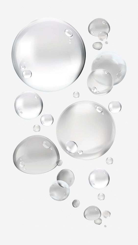 Floating transparent bubbles on a white background. Bubbles vary in size, creating a light, airy feel. Bubbles are clear and…