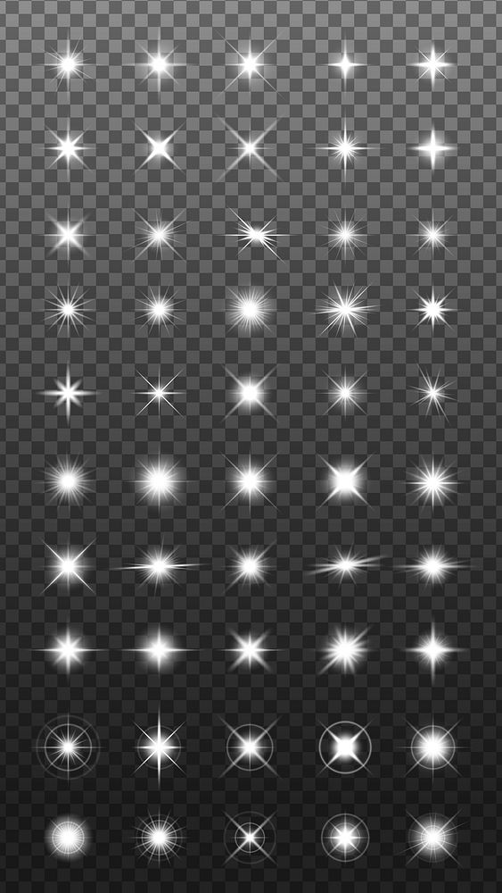 A collection of 50 bright starburst light effects on a transparent background. Various starburst designs create a dazzling…