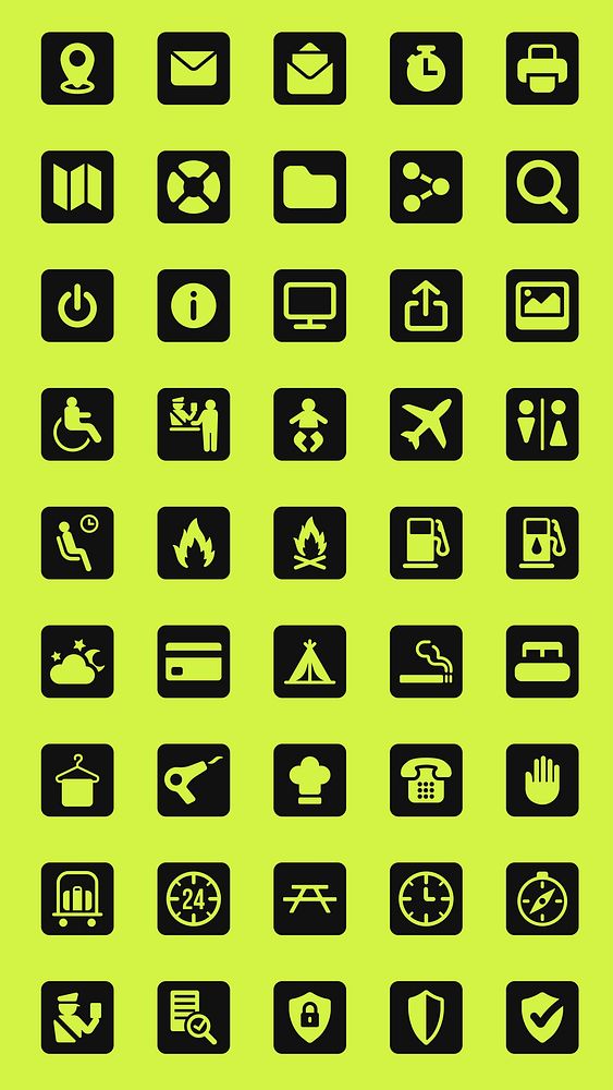 Set of 48 black icons on green background. Icons include mail, search, airplane, and more. Simple and clear icons for…