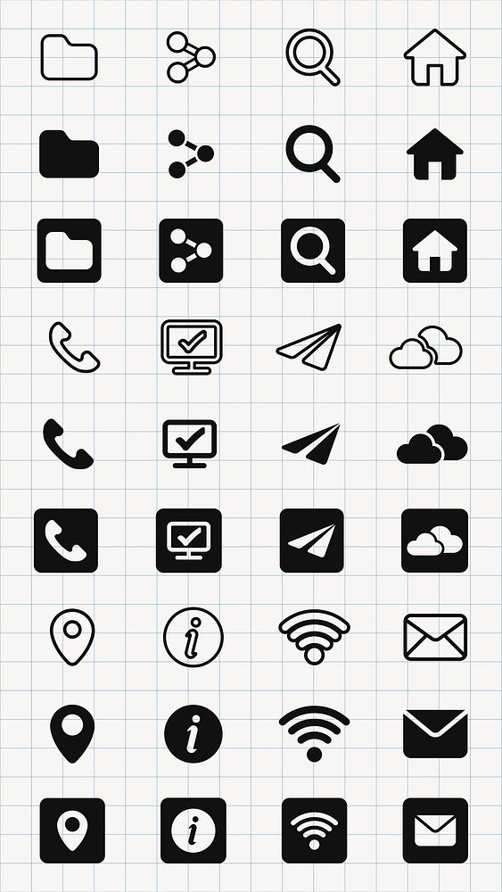 Set of black and white icons featuring folders, phones, computers, and clouds. Icons include folders, phones, and computers.…