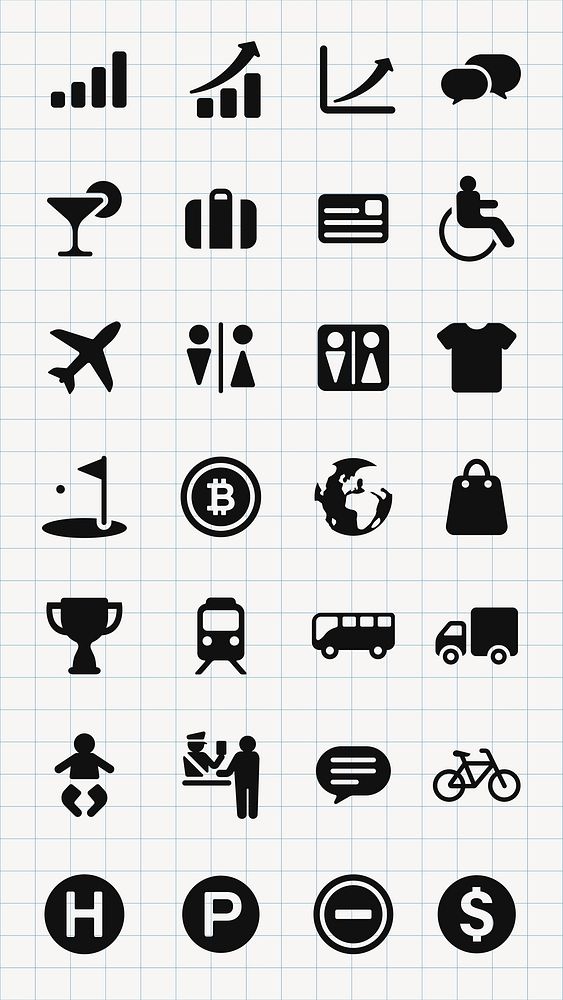 Grid of icons: business, travel, finance, communication. Includes charts, airplane, credit card, bus, shopping, trophy, and…