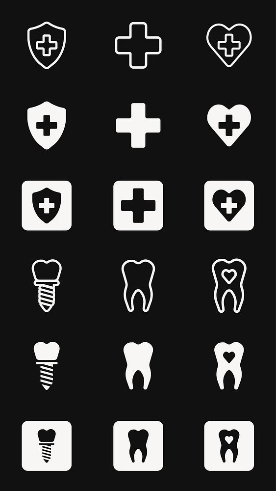 Dental and medical icons: teeth, cross, shield, heart. Icons for dental care, medical aid, health. Teeth and cross symbols…