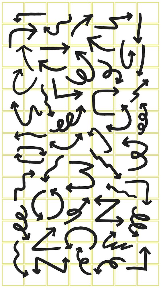 A grid filled with various black arrows. Arrows pointing in different directions. Black doodles on a grid. Diverse arrow…