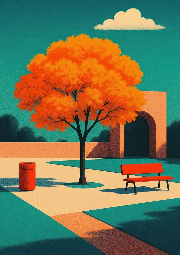 Vibrant tree bench scene wallpaper | Free Photo Illustration - rawpixel