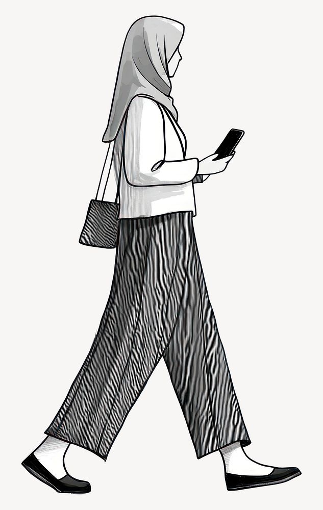 Woman with gray hijab walking phone illustration art vector