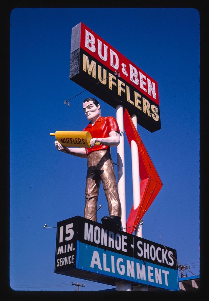 Bud and Ben Mufflers sign, W Illinois Avenue, Dallas, Texas (1994) photography in high resolution by John Margolies.…