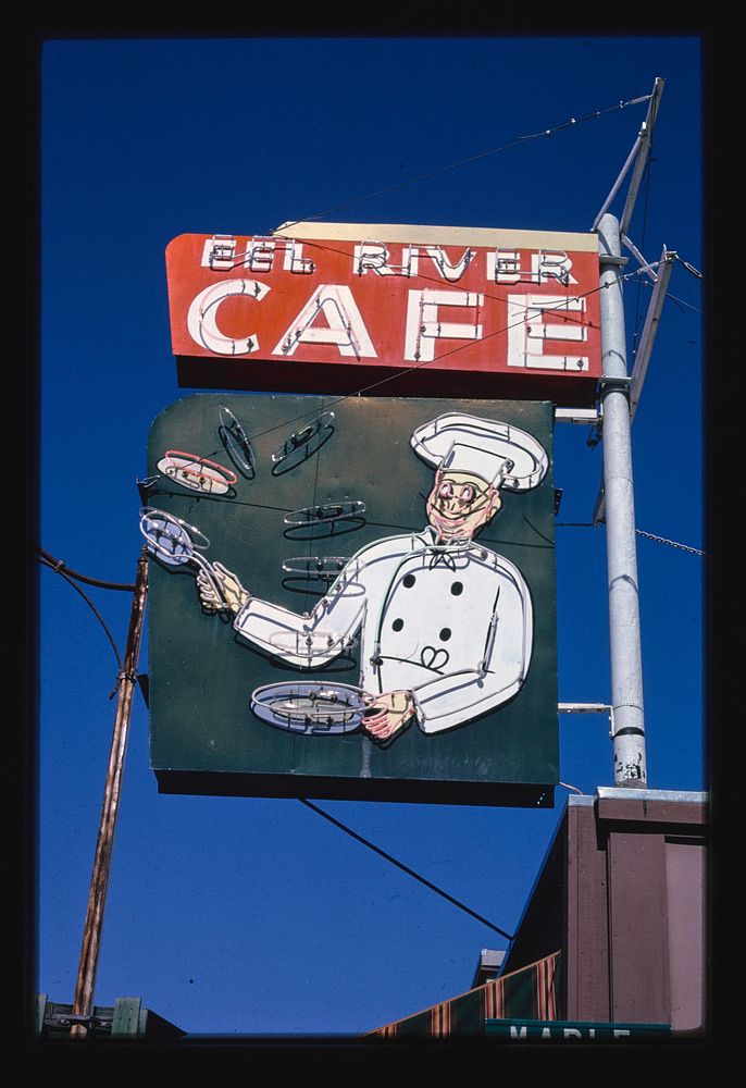 Eel River Cafe sign, Garberville, California (1991) photography in high resolution by John Margolies. Original from the…