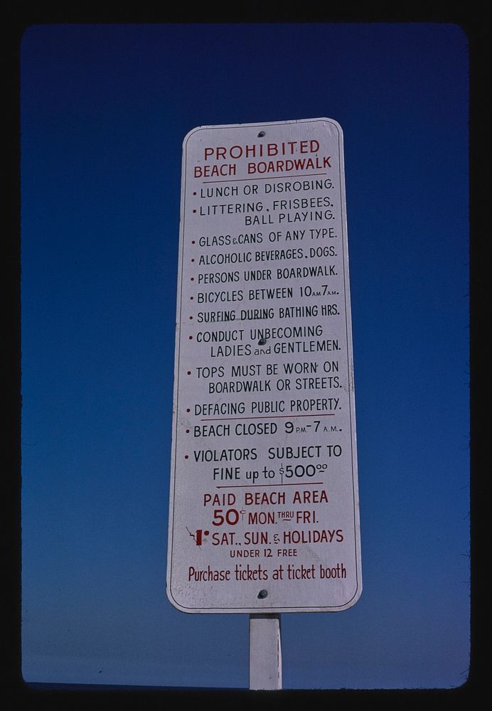 Beach, boardwalk rules, Seaside Heights, New Jersey (1978) photography in high resolution by John Margolies. Original from…