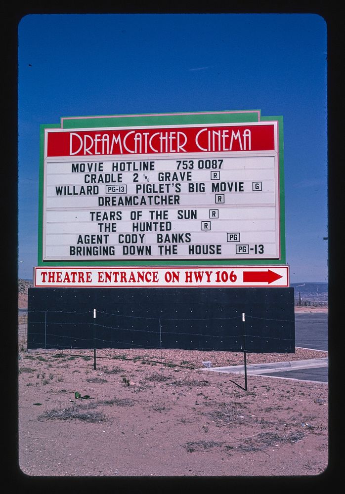 Dream Catcher Theater (a contemporary multiplex), angle 4, Route 285, Espanola, New Mexico (2003) photography in high…