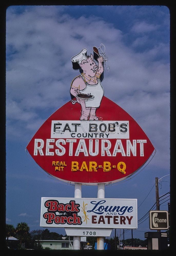 Fat Bob's Country Restaurant Real Pit Bar-B-Q sign, Route 1, Edgewater, Florida (1979) photography in high resolution by…