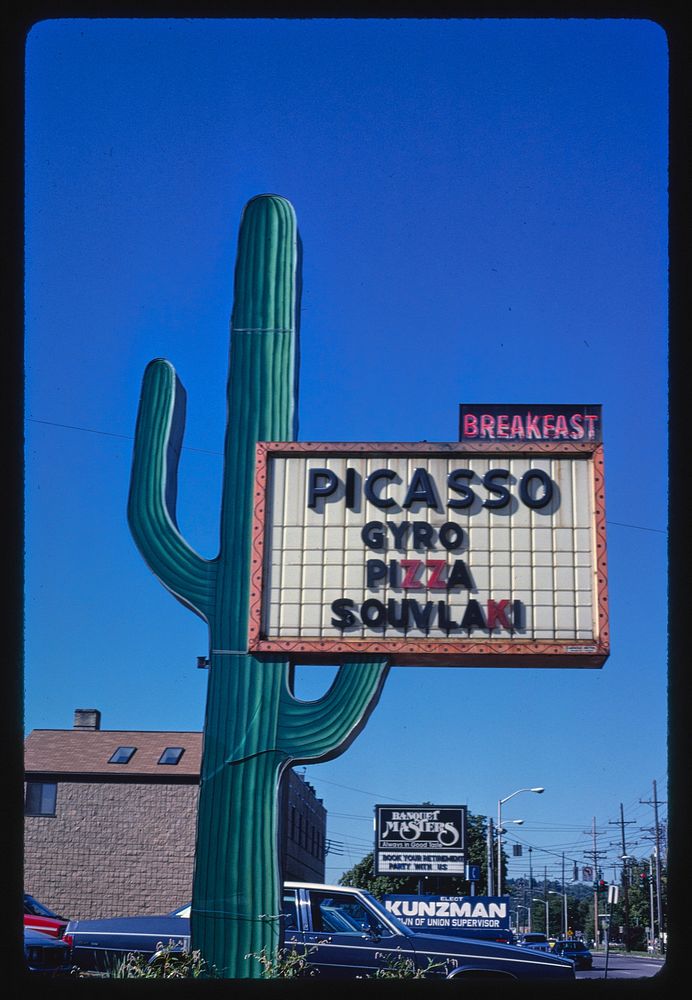 Picasso Restaurant sign, Route 17C, Endicott, New York (1988) photography in high resolution by John Margolies. Original…
