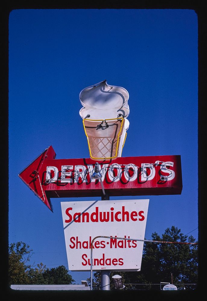 Derwood's Drive-In ice cream sign, Cherry Street, Pine Bluff, Arkansas (1979) photography in high resolution by John…