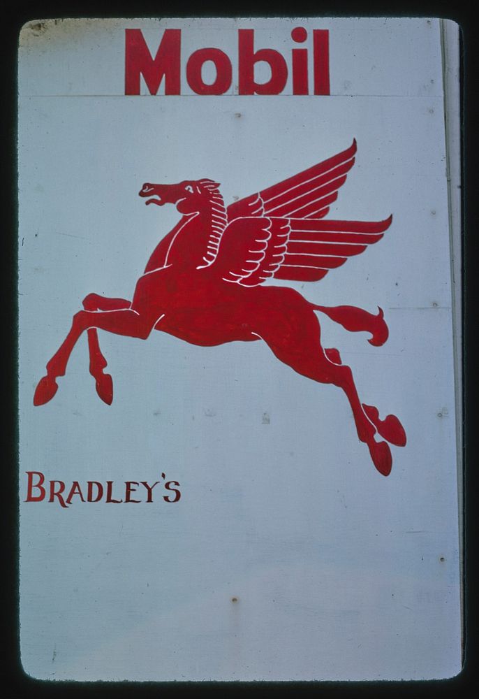Bradley's Mobil hand-painted gasoline sign, Main Street, Franklin, New York (1976) photography in high resolution by John…