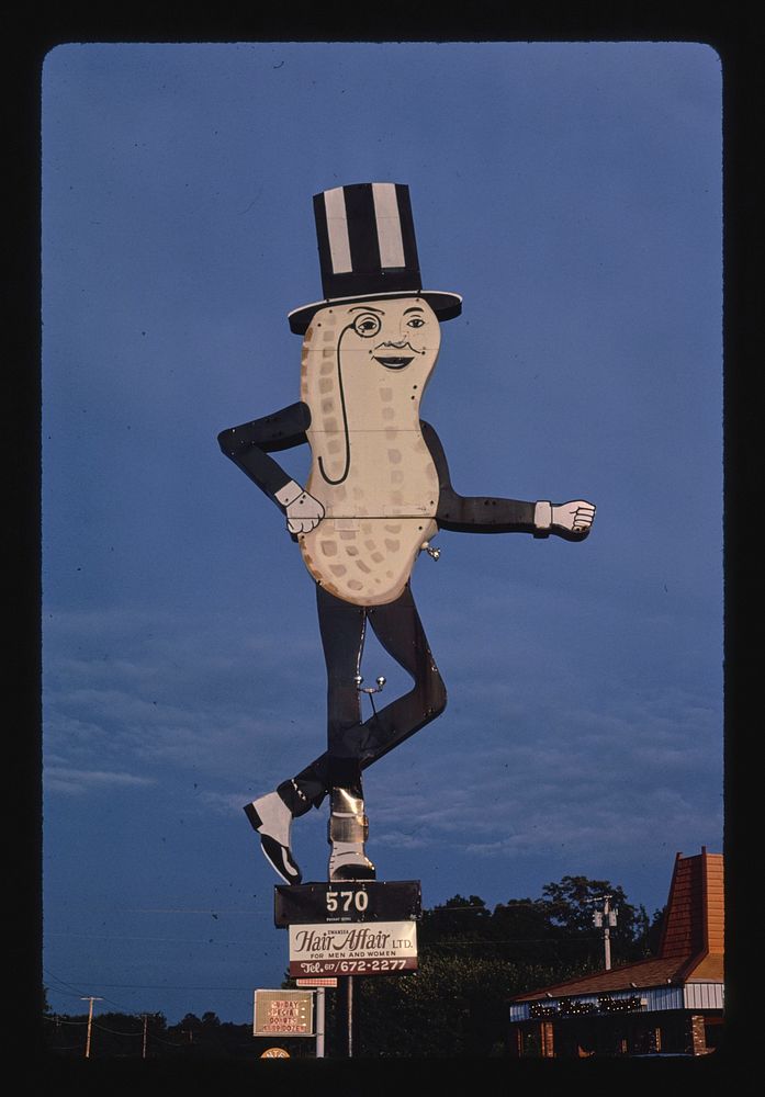 Mr. Peanut sign (Hair Affair sign), (closer view), Route 6, Swansea, Massachusetts (1984) photography in high resolution by…