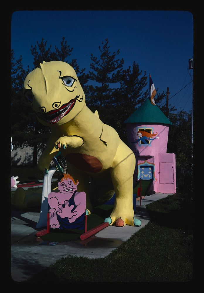 Yellow dinosaur and pink castle, Sir Goony Golf, Chattanooga, Tennessee, Chattanooga, Tennessee (1986) photography in high…