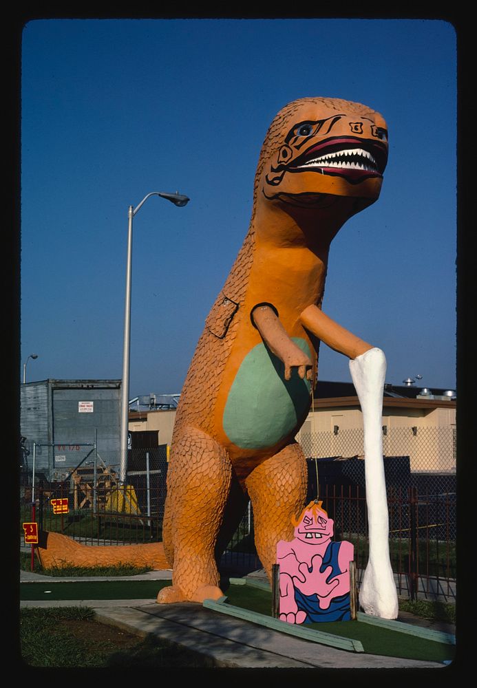 Orange dinosaur, Sir Goony Golf, Chattanooga, Tennessee (1986) photography in high resolution by John Margolies. Original…