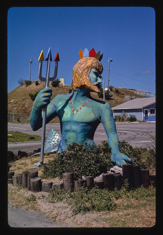 Neptune statue vertical, Surf Slide, Nags Head, North Carolina (1985) photography in high resolution by John Margolies.…