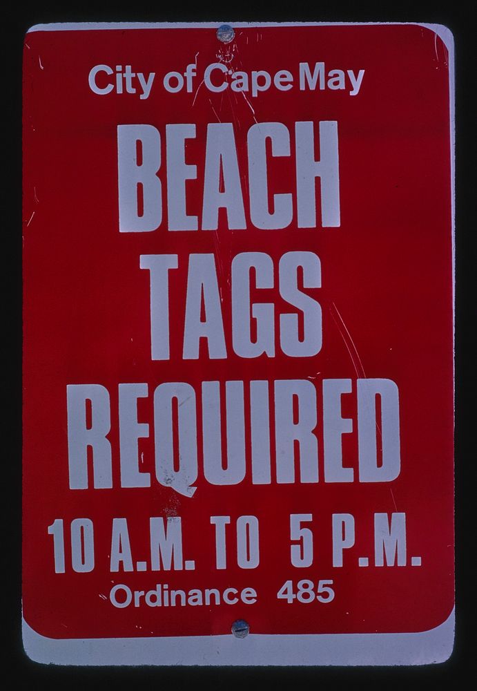 Beach tag sign, Cape May, New Jersey (1978) photography in high resolution by John Margolies. Original from the Library of…