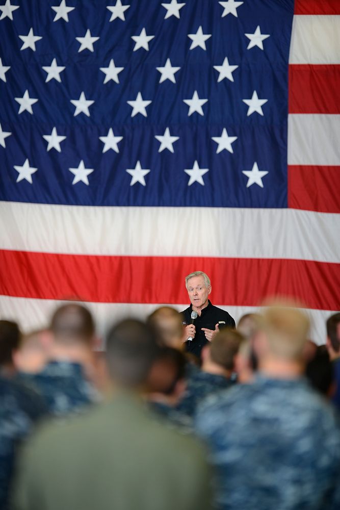 NAPLES, Italy (June 16, 2016) Secretary of the Navy (SECNAV) Ray Mabus provides remarks during an all-hands call on Naval…
