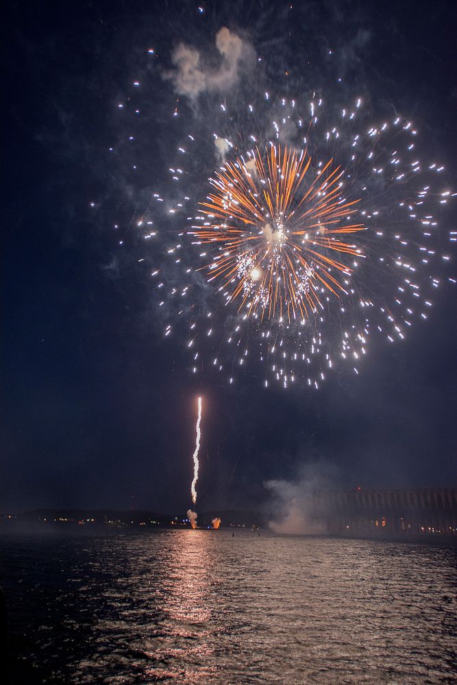 The fireworks for the Marquette, Mich. show were launched from a three-bay barge constructed by the 1347th MRBC, Army…