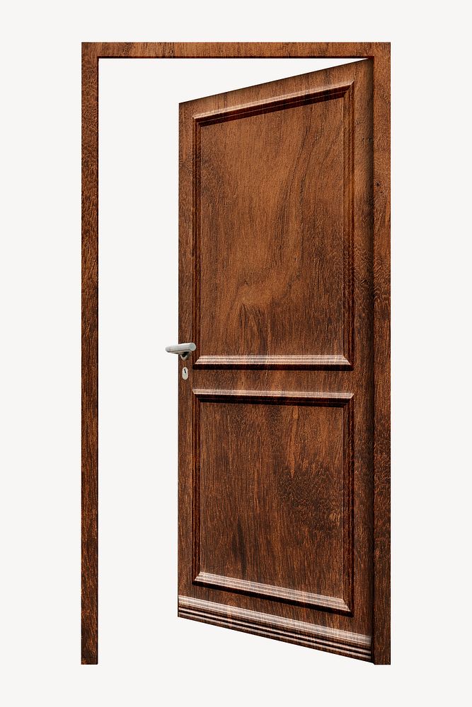 Open brown wooden door sticker, modern architecture collage element psd