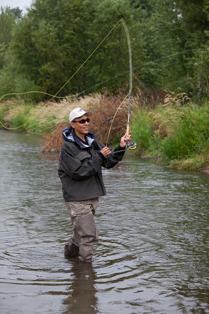 President Barack Obama casts his line while fishing for trout on the East Gallatin River near Belgrade, Mont., on Aug. 14…