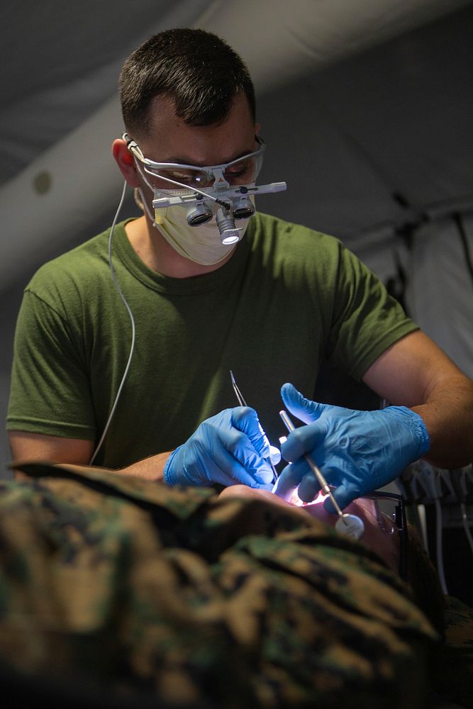 U.S. Navy Lt. Jarrett Darrah with 2nd Dental Battalion, 2nd Marine Logistics Group preforms a filling on a patient during an…