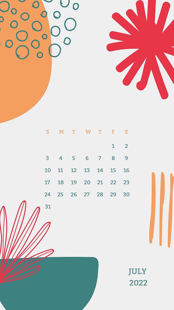 Aesthetic 2022 July calendar template, phone wallpaper vector