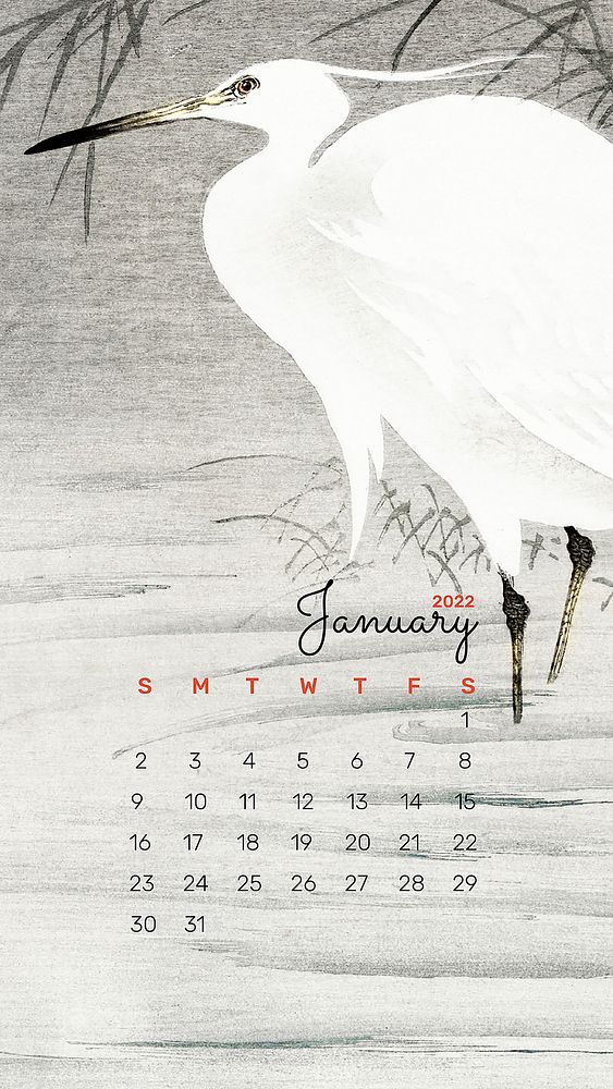 Heron January 2022 calendar template, phone wallpaper, monthly planner vector. Remix from vintage artwork by Ohara Koson