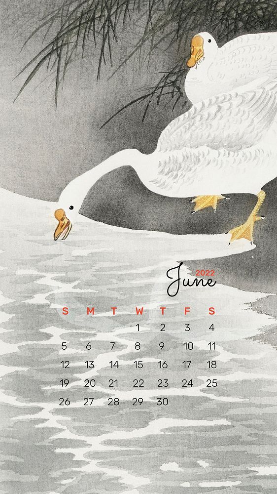 Japanese 2022 June calendar, editable iPhone wallpaper. Remix from vintage artwork by Ohara Koson