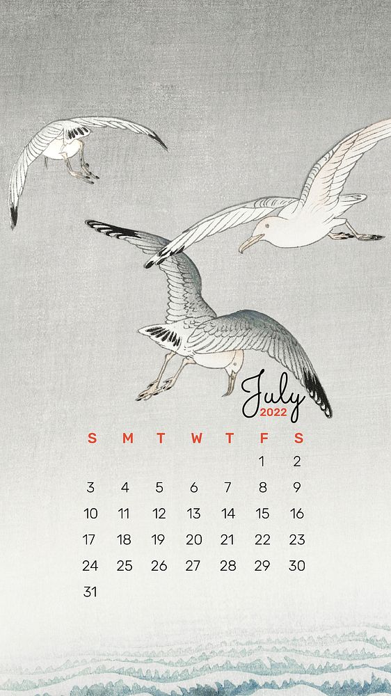 Japanese 2022 July calendar, aesthetic phone wallpaper. Remix from vintage artwork by Ohara Koson