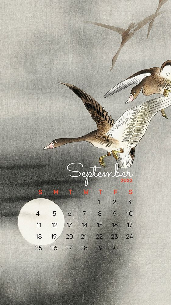 2022 September calendar template, Japanese mobile wallpaper vector. Remix from vintage artwork by Ohara Koson