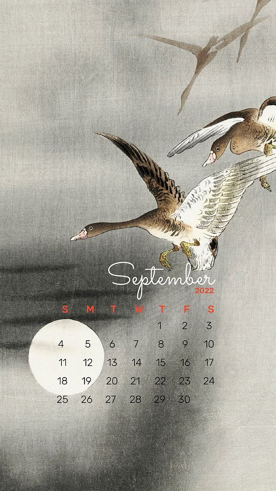 2022 September calendar, Japanese aesthetic mobile wallpaper. Remix from vintage artwork by Ohara Koson