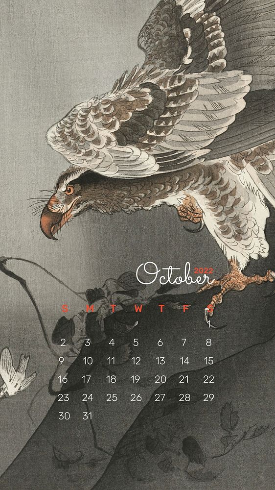 Eagle 2022 October calendar template, mobile wallpaper vector. Remix from vintage artwork by Ohara Koson