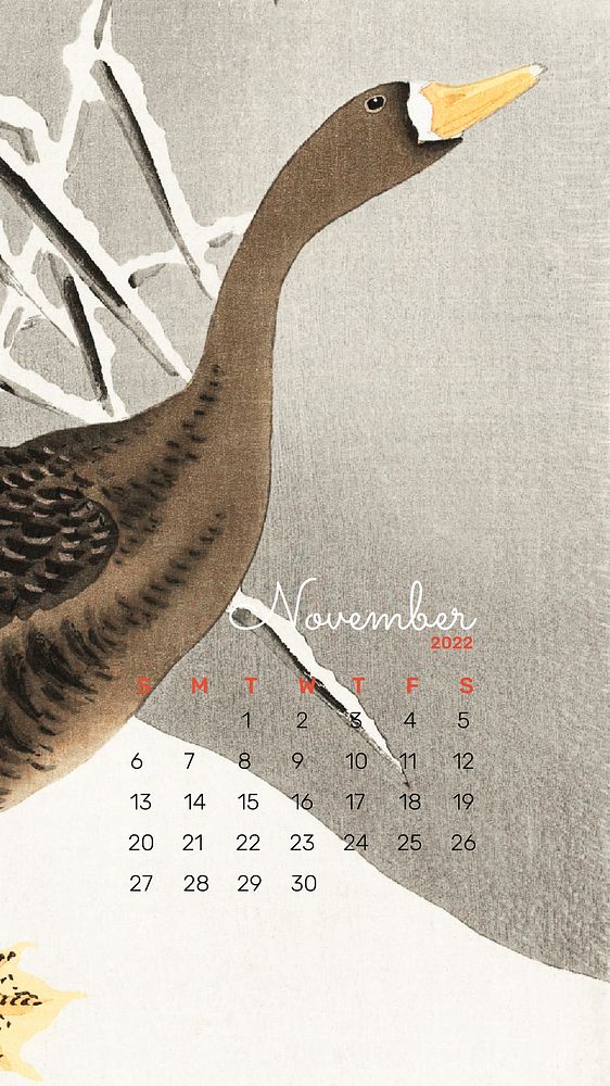 Goose November 2022 calendar, mobile wallpaper monthly planner. Remix from vintage artwork by Ohara Koson