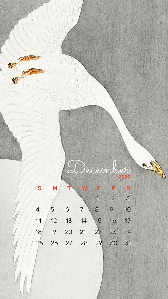 Swan December 2022 calendar, monthly planner, iPhone wallpaper. Remix from vintage artwork by Ohara Koson