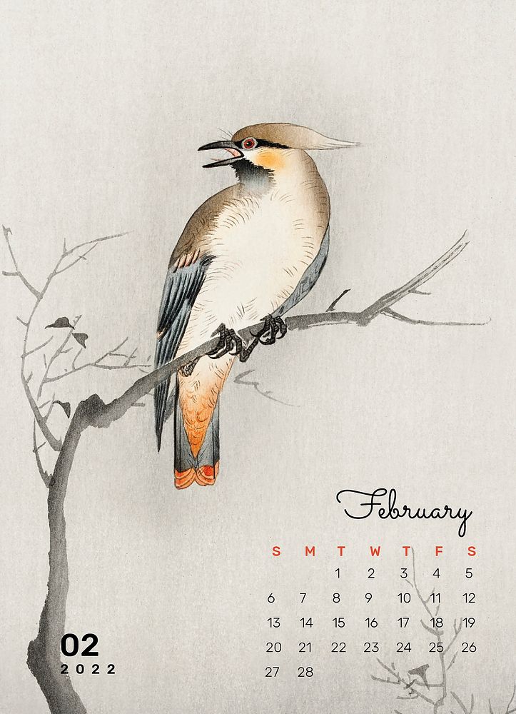Bird February 2022 calendar, monthly planner. Remix from vintage artwork by Ohara Koson