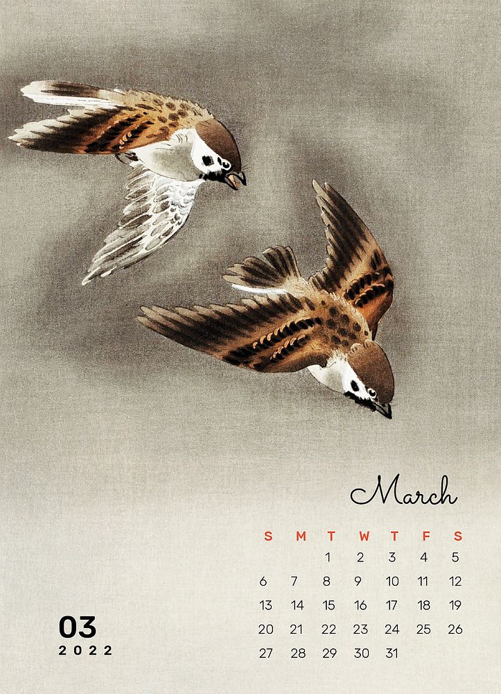 Birds 2022 March calendar, aesthetic monthly planner. Remix from vintage artwork by Ohara Koson