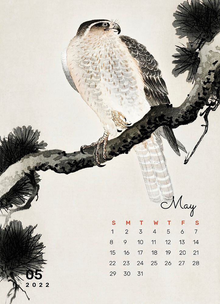 Hawk 2022 May calendar, printable aesthetic monthly planner. Remix from vintage artwork by Ohara Koson
