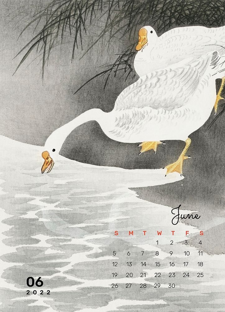 Japanese 2022 June calendar, printable aesthetic monthly planner. Remix from vintage artwork by Ohara Koson