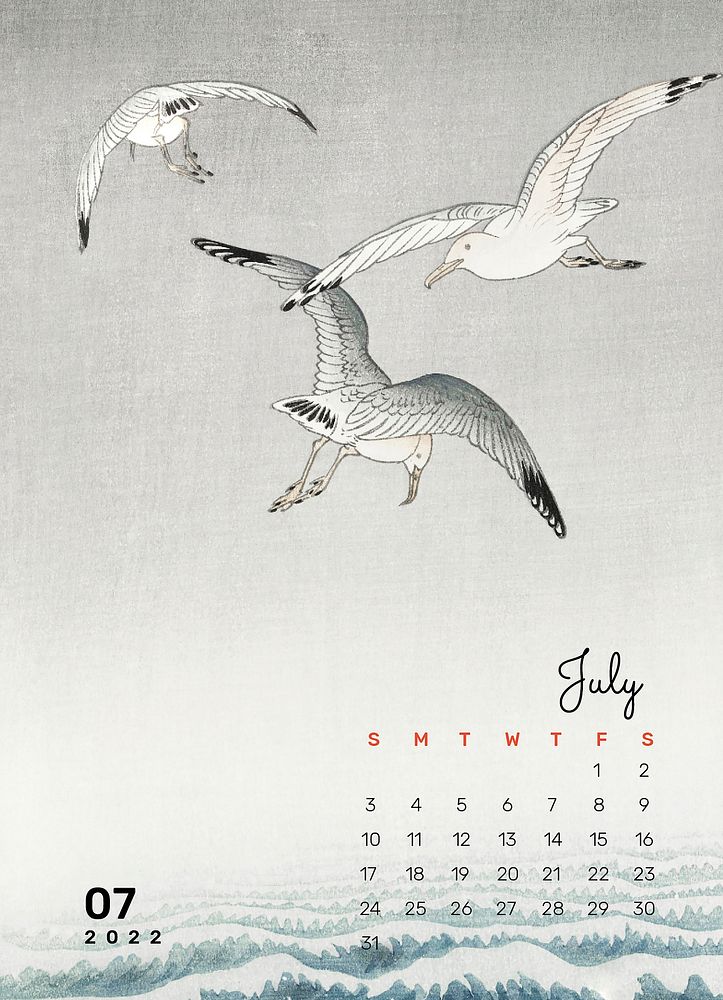 Japanese 2022 July calendar, printable monthly calendar. Remix from vintage artwork by Ohara Koson