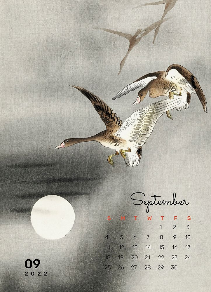 Japanese 2022 September calendar, printable monthly planner. Remix from vintage artwork by Ohara Koson