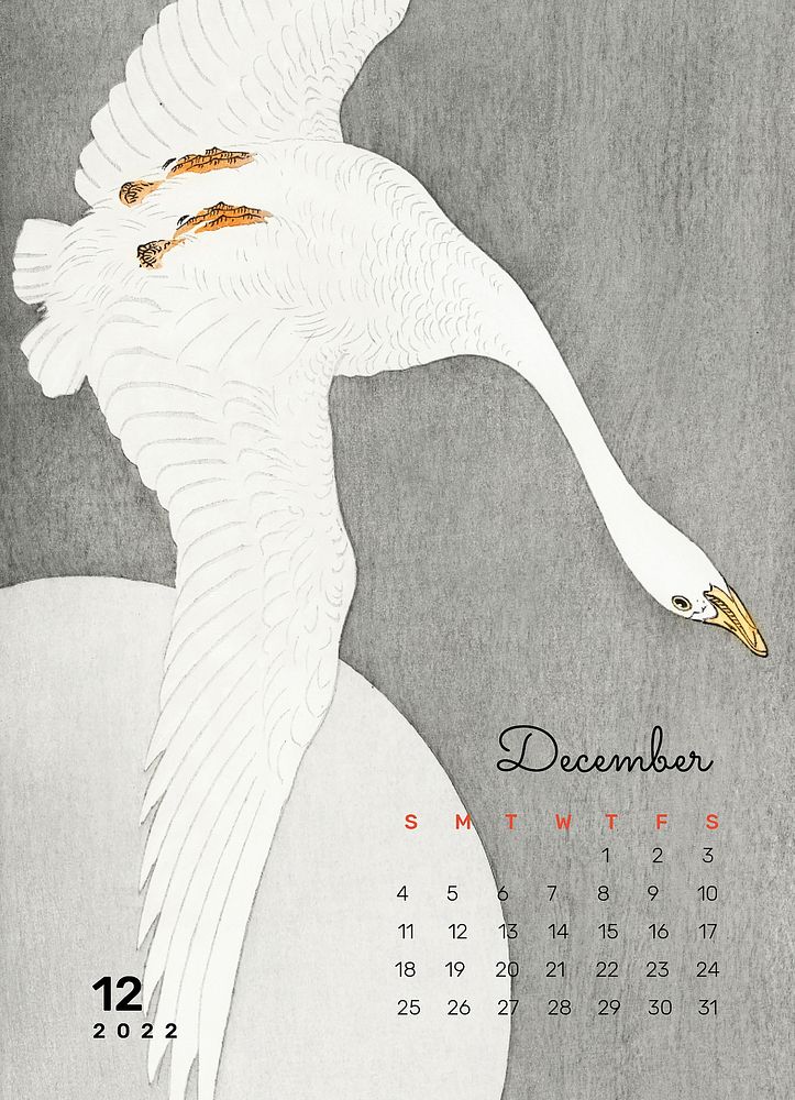 Swan December 2022 calendar, monthly planner. Remix from vintage artwork by Ohara Koson